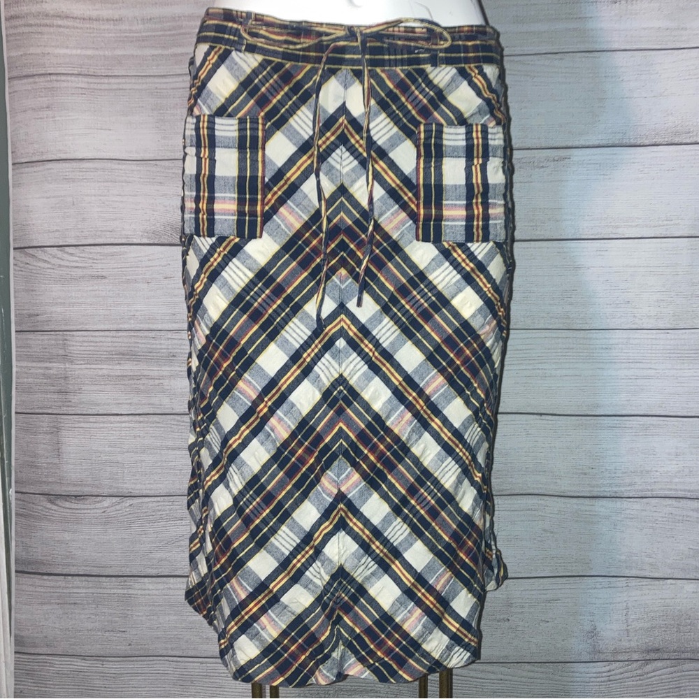 Plaid Midi Pencil Skirt - Navy, Cream & Tan